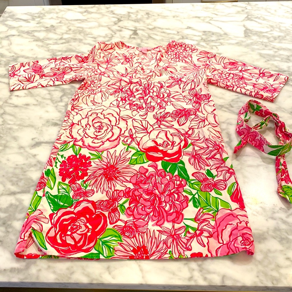 Lilly Pulitzer floral dress with tie belt.
